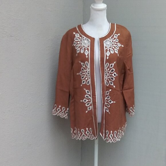 Bob Mackie Women's Wearable Art Linen Jacket Light Brown and White Cutout Preppy - Picture 7 of 7